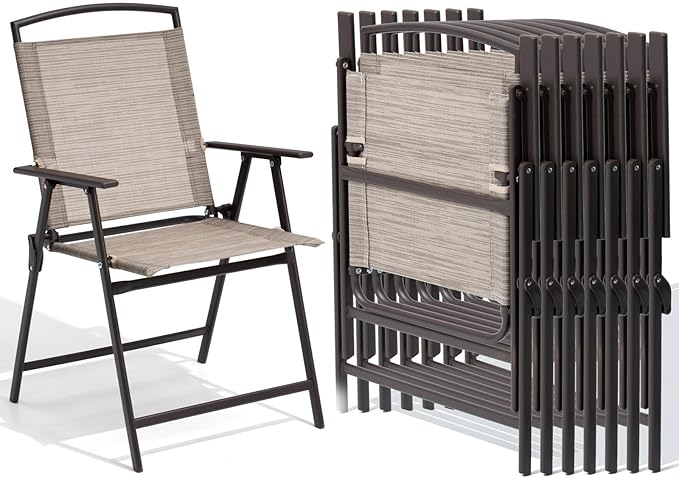 Crestlive Products Patio Folding Chairs Set of 8 Outdoor Folding Chairs with Durable Rust-Resistant Frame and Breathable Textilene Material for Outside Beige