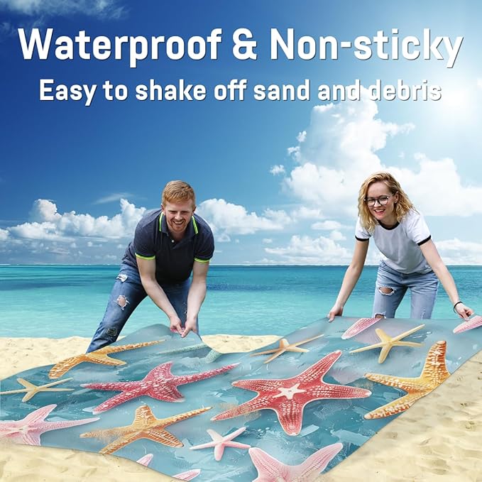 Waterproof Sandproof Beach Blanket 59''×68'' Starfish Polyester Outdoor Picnic Blanket with 4 Stakes &amp Storage Bag for BeachCampingVacation Red