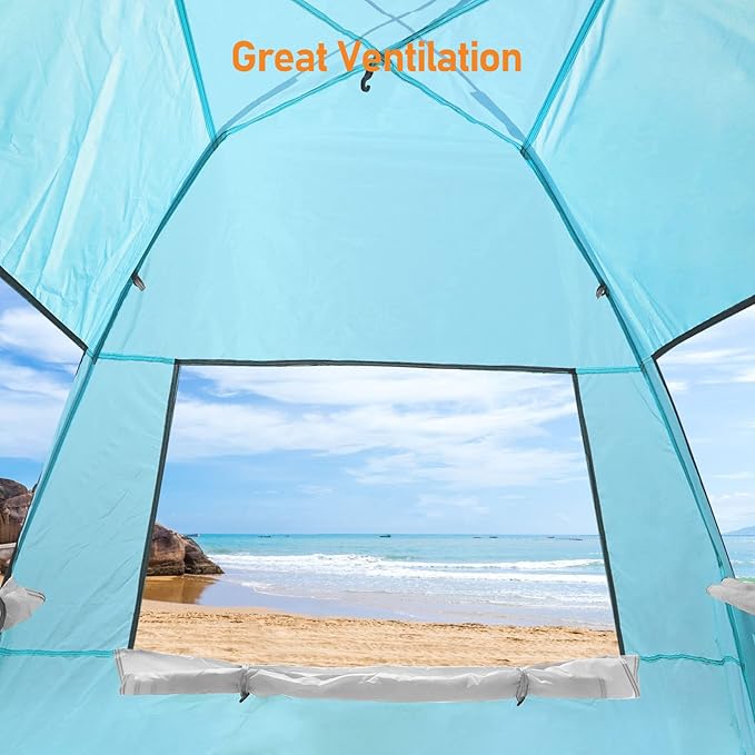 2 Person Pop Up Beach Tent Anti-UV Beach Shelter Easy Step Up 3 Mesh Windows and 6 Sandy Bags Keep Your Beach Trip Cool(Light Blue)