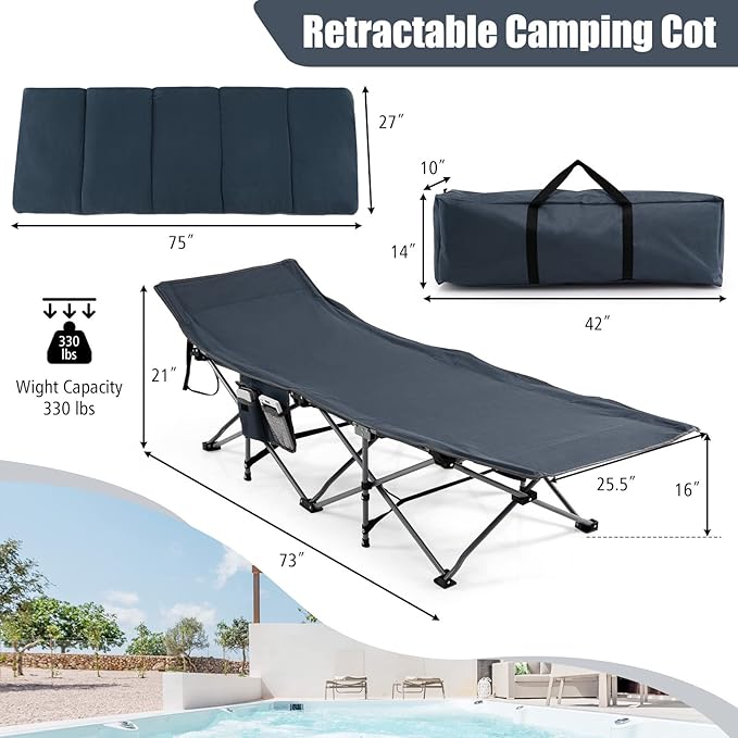 Goplus Camping Cot Folding Camping Cot with Mattress Pillow Carry Bag Storage Pocket Camping Bed Military Cot for Home Office Nap Hiking Heavy-Duty Portable Sleeping Cot for Adults Kids (Blue)