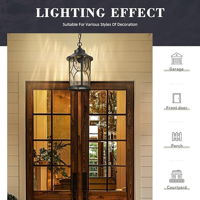 zeyu Modern Outdoor Hanging Porch Light 14.6 Inch Outdoor Pendant Lights for Porch Die-Cast Aluminum with Clear Water Ripple Glass Black Finish ZX48MH-WG BK