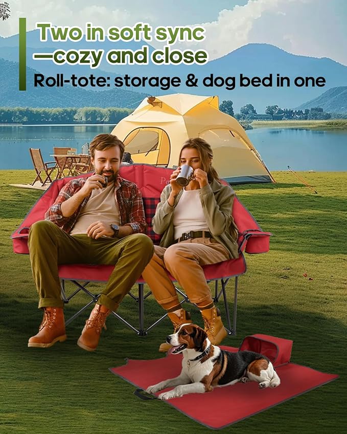 Double Camping Chair Padded Loveseat Camp Couch for Adults Oversized 2 Person Love Seat with 2 in 1 Carry Bag Heavy Duty Folding Outdoor Sofa with Cup Holders for Lawn Beach Tailgating Red