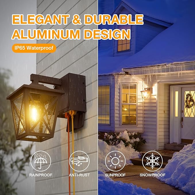 Ehaho Porch Lights with Outlet Dusk to Dawn Outdoor Light Built-in Waterproof Anti-Rust Lantern Outside Light with GFCI Outlet Wall Sconce Light with Plug for Front Door (Brown 1 PC) (Pack of 2)