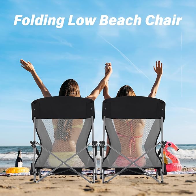Homcosan Portable Low Folding Beach Chair - Lightweight Camping Chair for Adults with Cup Holder &amp Storage Pocket Carry Bag Included (Black &amp Gray)