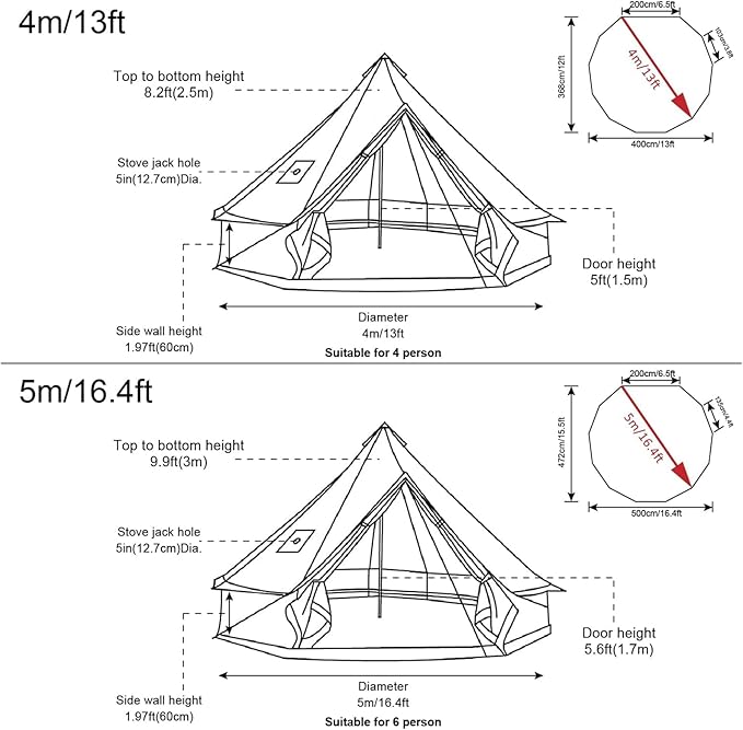 Glamcamp Bell Tent4 Seasons Breathable Cotton Canvas Yurt Tent - w/Stove JackLuxury Camping Tent OutdoorZipped Removable Floor