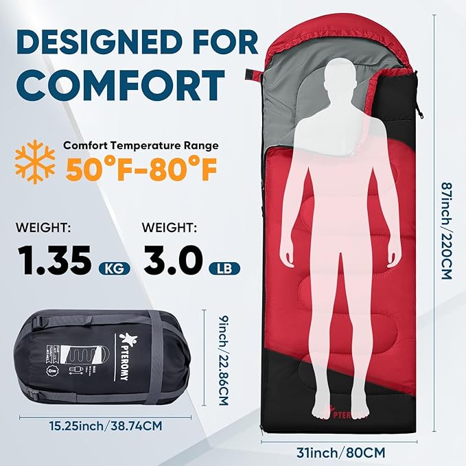 PTEROMY Sleeping Bags for Adults Lightweight and Machine Washable Water Resistant Backpacking Camping Sleeping Bag for Warm Cold Weather Camping Essentials for Hiking Travel