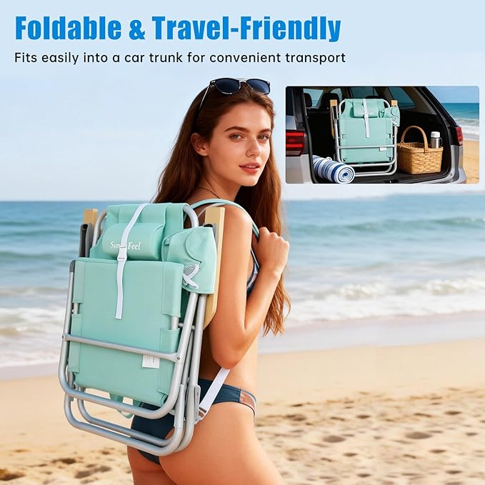 SUNNYFEEL Low Back Folding Beach Chair Aluminum Heavy Duty Beach Chair with 5-Position Portable Camping Chair for Adults with Wood Armrest Lightweight Camping Chair 300lbs Green