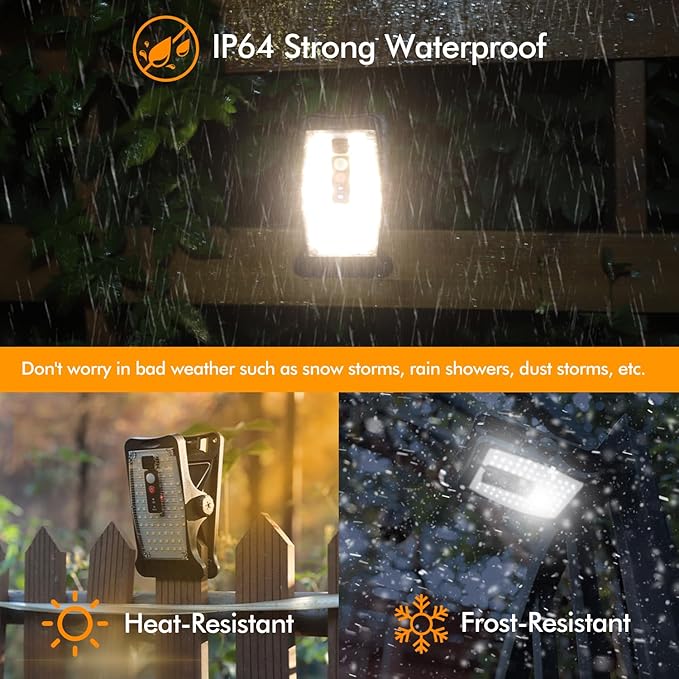 Clip On Solar Motion Lights Outdoor Waterproof 800LM 70 LED 3 Color Temperature USB &amp Remote Control 4 Pack Portable Solar Powered Light Outside for Gutters Fence Garage Camping