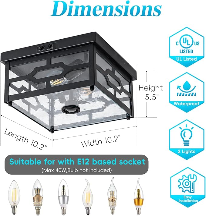 Outdoor Ceiling Light with Motion Sensor Flush Mount Squares Porch Light 2-Light Dusk to Dawn Ceiling Lights Fixture with Clear Glass for Entryway Farmhouse Garage Front and Back Yards Black