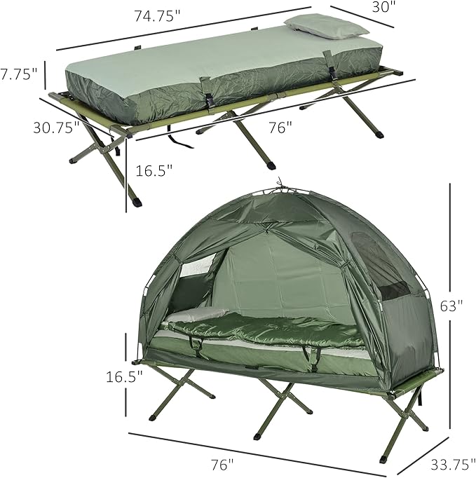 Single Person Elevated Camping Tent Cot Combo: Off-Ground Folding Cot with Attached Weather-Resistant Shelter &amp Carry Bag for Backpacking Hiking and Outdoor Adventures