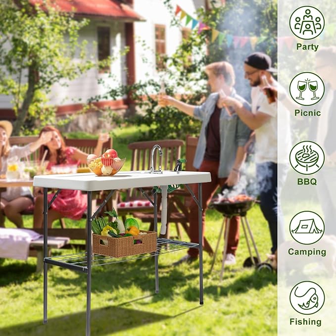 VINGLI Upgarded Folding Fish Cleaning Table with Sink Portable Camping Sink Table with Grid Rack &amp Sprayer Fish Fillet Cutting Table with Drainage Hose for Patio Backyard BBQ…