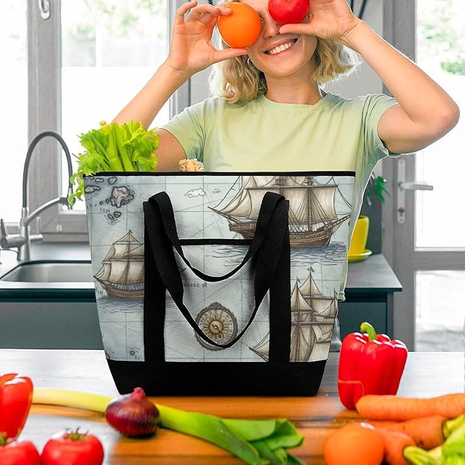 Insulated Shopping BagLarge Reusable Cooler Bags Boat Map_75091459 Printed Foldable Shopping BagTravel Waterproof Shoulder Bag