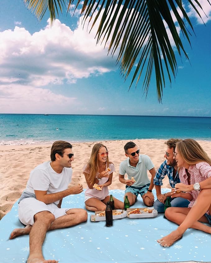 Beach Blanket Waterproof Sandproof Christmas Winter Snowflakes Quick Drying Beach Mat with 4 Stakes White Snowflake Seamless Blue Lightweight Picnic Blanket for Travel Camping Outdoor 83x79