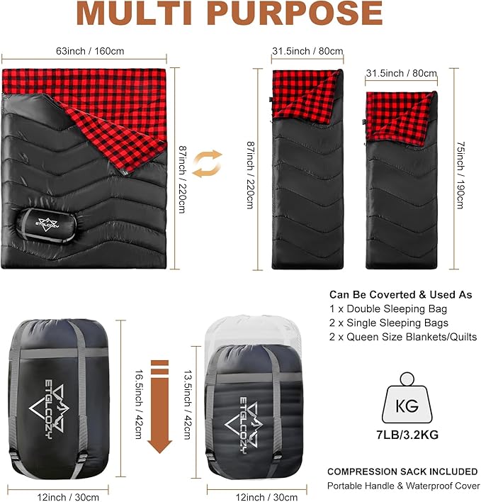 XL Queen Size 2 Person Double Sleeping Bag for Adults Lightweight Compact with Flannel Liner &amp Thermolock Draft Tube Machine Washable All Season Camping Travel