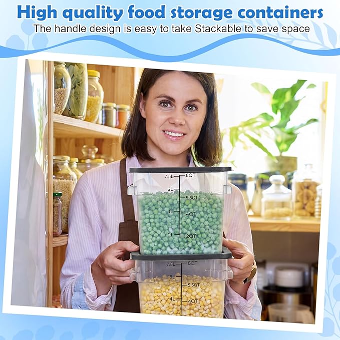 Suclain 2 Pcs Square Food Storage Container Polycarbonate Clear Food Container with Gray Lid Commercial Rice Storage with Gray Graduations for Commercial Kitchen(8 Qt)