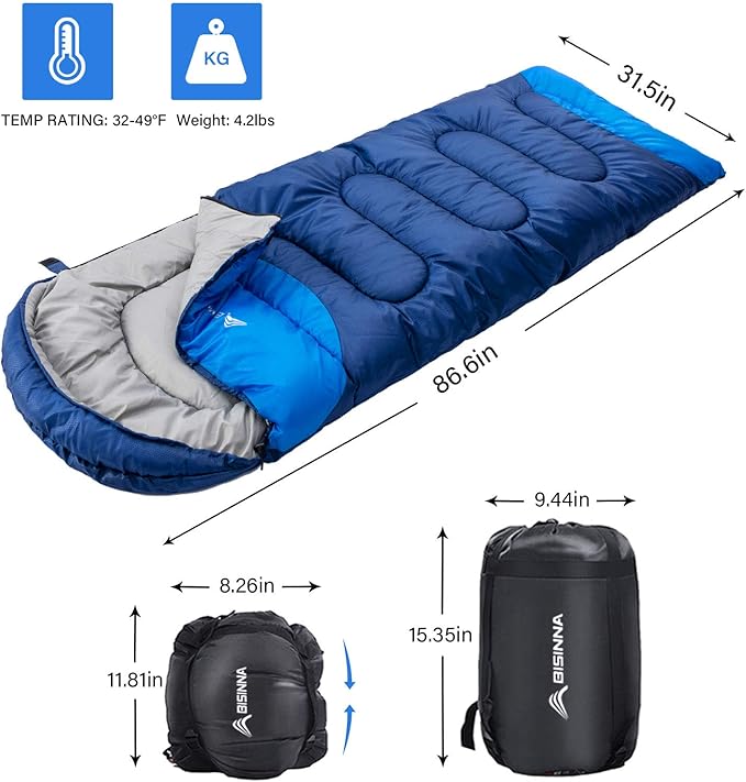 BISINNA Sleeping Bag with Pillow - 4 Season Backpacking Sleeping Bag Lightweight Waterproof Warm and Washable for Adults Kids Women Men's Outdoors Camping Hiking Mountaineering