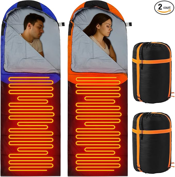 2 Pack Heated Sleeping Bag for Adults USB Electric Cold Weather Sleeping Bag with 4 Zone Carbon Fiber 3 Adjustable Heating Levels Waterproof for All Season Camping &amp Hiking