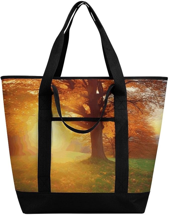 Insulated Shopping BagLarge Reusable Cooler Bags Autumn Sunset Printed Foldable Shopping BagTravel Waterproof Shoulder Bag