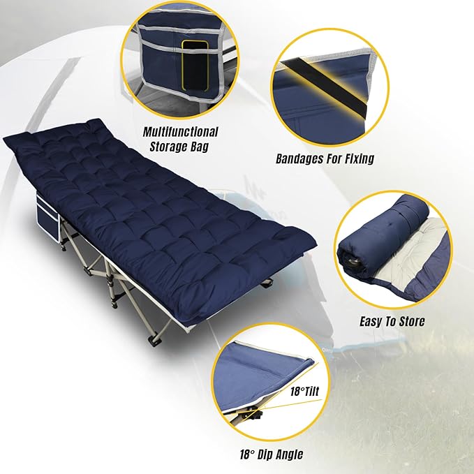 YELLOW JACKET Folding Camping Cot for Adults600LBS Max Load28 Wide Sleeping Cot with Removable Thick Mattress Portable Foldable Camping Bed with Carry Bag for CampHomeOfficeTravelBlue