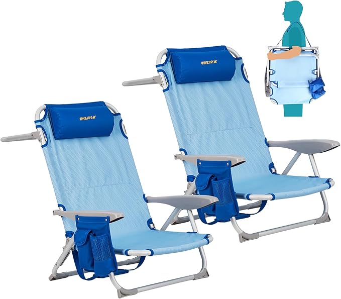 #WEJOY Folding Beach Chair for Adults 4-Position Lightweight Beach Chair Low Beach Chairs with Shoulder Strap Cup Holder and Headrest Supports 265lbs for Beach Lawn (Blue 2Pack)