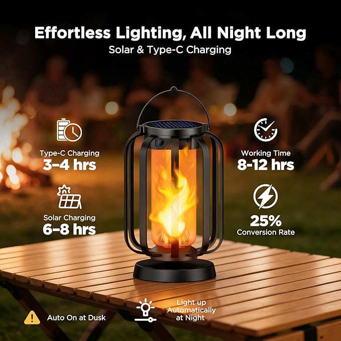 Hompavo Gen2 Solar Lanterns Outdoor Lights with Ultra-Real Flame 2 Charging (USB/Solar) &amp 2 Modes - Waterproof Decorative Hanging/Table Lights for Pathway Yard Patio Garden Decor Gifts for Women