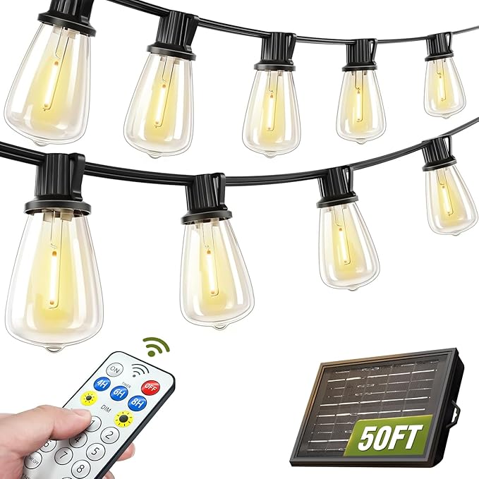 Solar String Lights Outdoor Waterproof Lights with Remote &amp Timer LED Shatterproof ST38 Bulbs USB &amp Solar Powered Patio Lights for Backyard Porch Garden Wedding Christmas Decor (50FT)