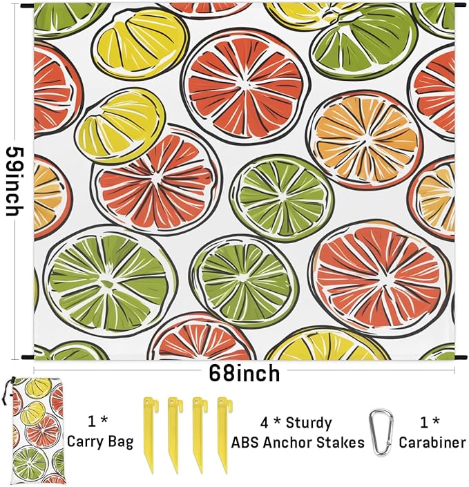 Waterproof Sandproof Beach Blanket 59''×68'' Simply Lemon Polyester Outdoor Picnic Blanket with 4 Stakes &amp Storage Bag for BeachCampingVacation White
