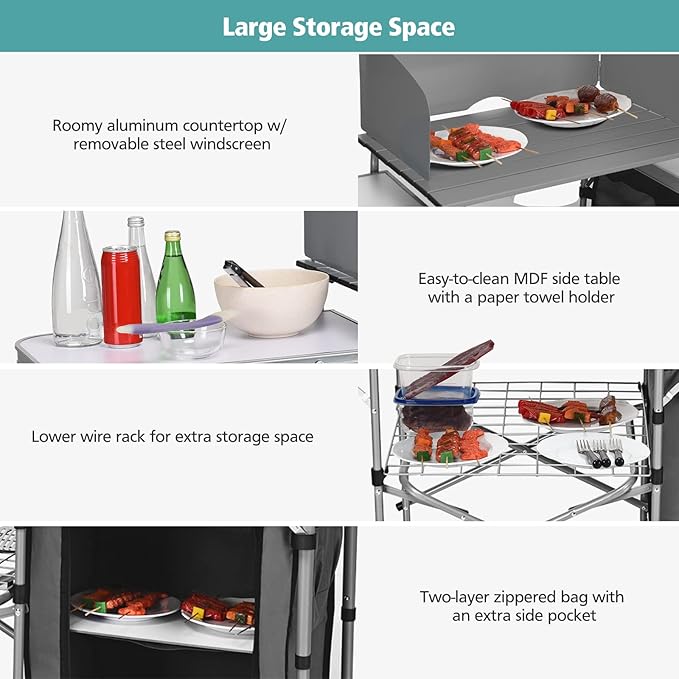 Tangkula Folding Camping Kitchen Table Aluminum Portable Camping Grill Table with Windscreen Cook Station Outdoor Quick Set-up Camp Cook Table with Storage Organizer Shelves Carry Bag