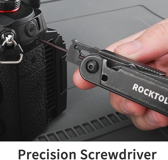 ROCKTOL Multitool Gen-R Lite Retro Black EDC Pocket Knife VG10 Blade Compact 15-in-1 Multi-tool with Screwdriver Large Scissors Glass Breaker Leather Sheath Lightweight for Hiking Camping