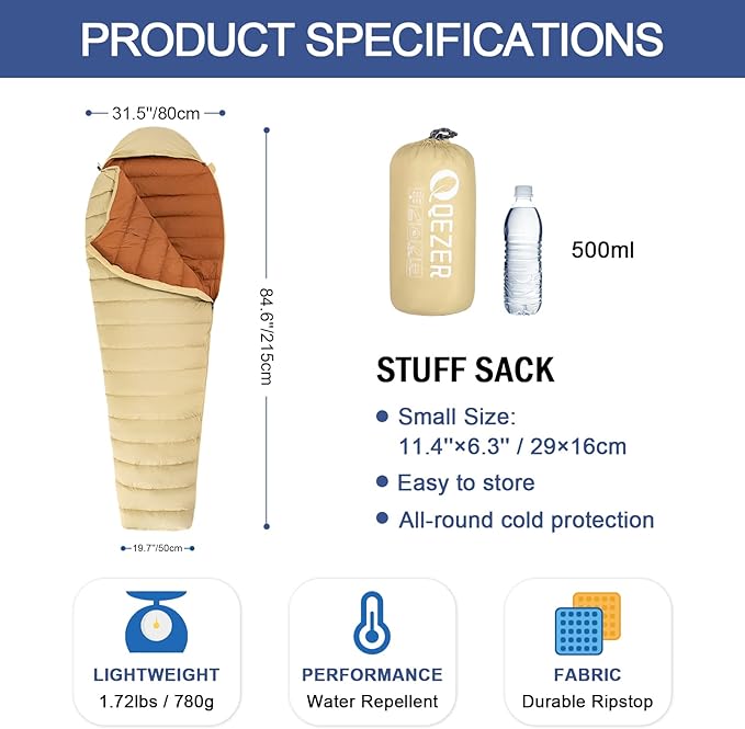 Ultralight Down Sleeping Bag for Adults with 600 Fill Power Compact Sleeping Bag for Backpacking Hiking and Camping