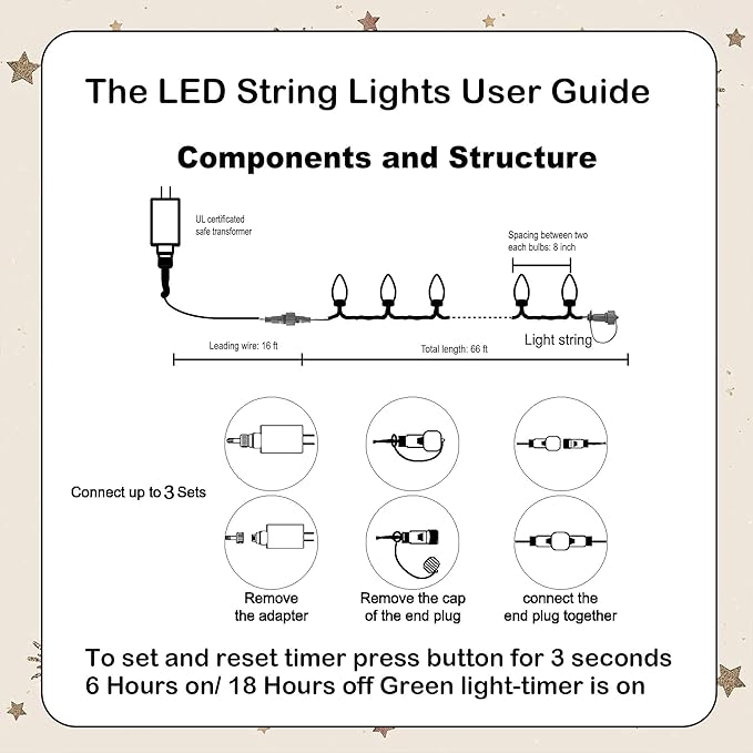 Dazzle Bright C9 Christmas String Lights 100 LED 66 FT Waterproof Connectable Fairy Lights with 100 Spring Clips Timer Christmas Decoration for Outdoor Roofline Home Garden Yard Tree (Red &amp Whit
