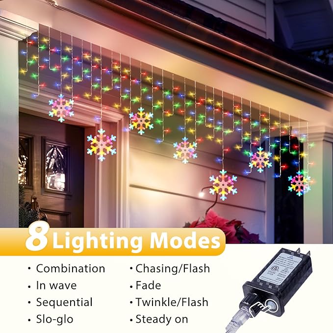 Minetom Icicle Lights Outdoor with Snowflake 20FT 200 LED Icicle Christmas Light with 24 Drops8 Modes Icicle String Light with Remote Timer Waterproof Christmas Lights Outdoor Multicolor