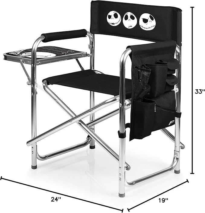 Picnic TIME Disney Nightmare Before Christmas Jack Sports Chair with Side Table Folding Beach and Camp Chair Portable Outdoor Chair with Carry Strap and Storage Pockets (Black)