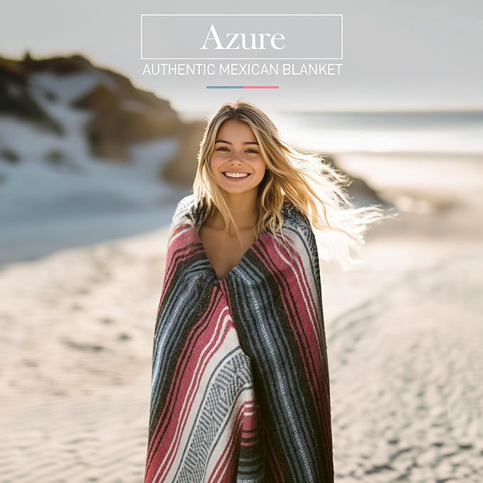 Hydration Nation Authentic Large Handwoven Mexican Striped Throw Blanket - Soft Durable Eco-Friendly - 70x50 - Azure