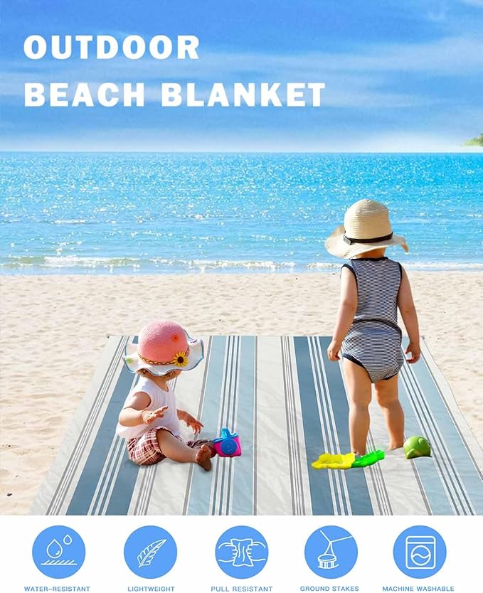 Beach Blanket Waterproof Sandproof OversizedOmbre Blue Gray Stripe Beach Mat with Corner Stakes Sand PocketsWatercolor Vertical Striped Outdoor Picnic Mat for Travel Camping Hiking118x108In