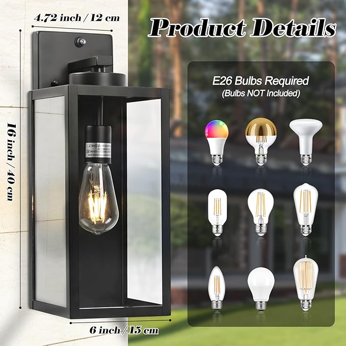 16-inch Dusk to Dawn Outdoor Wall Light Fixture Large Black Exterior Wall Lantern Waterproof Farmhouse Porch Sconce Lighting Modern Wall-Mounted Outside Lights for House Garage Patio Lamp 2 Packs