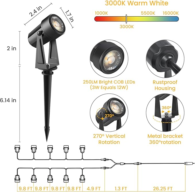 Svater Landscape Lighting Low Voltage 10 Pack Outdoor Spotlights with Transformer Plug in LED Spot Lights for Garden Backyard House 3000K Warm White Super Bright 3W 250Lumem Black