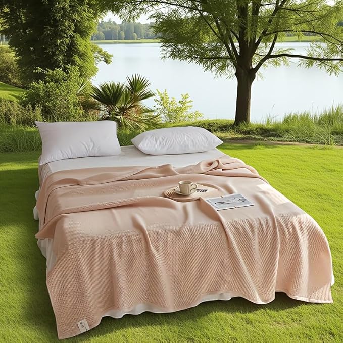 Bnitoam 100% Cotton Waffle Weave Blanket for Bed Couch Sofa 80x92 Soft Breathable Cooling Cellular Blanket for Adult Lightweight All Season Machine Washable Khaki (Khaki 80x92)