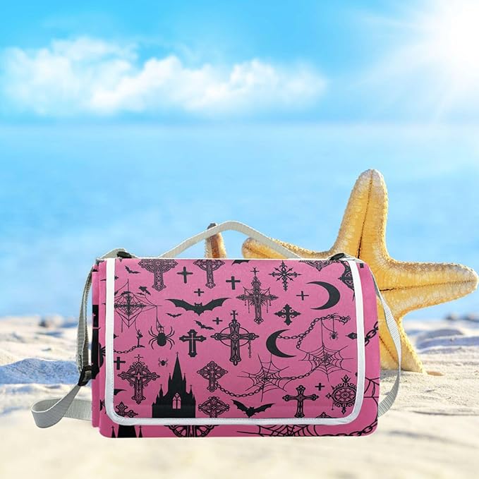 MNSRUU Picnic Blanket Waterproof Foldable Gothic Bat Moon Castle Large Outdoor Picnic Beach Camping Blanket Travel Mat Shoulder Strap Tote Rectangle 57x59in