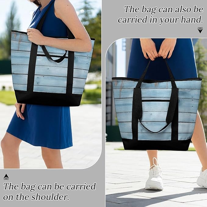 Insulated Shopping BagLarge Reusable Cooler Bags Blue Wood Printed Foldable Shopping BagTravel Waterproof Shoulder Bag