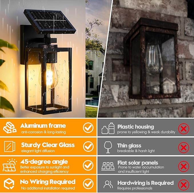 2Pack Solar Wall Lights Outdoor All-Metal Dusk to Dawn Solar Lanterns Outdoor Waterproof Porch Lights for House Front Garage Patio Shed (Bulb Included)
