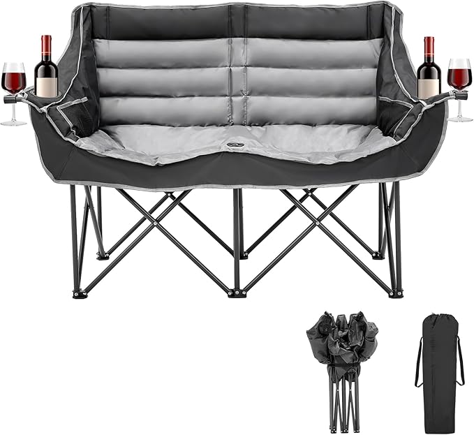 Double Camping Chair for Adults 2 Person Loveseat Camping Chair with Cup &amp Wine Glass Holder Portable Padded Double Folding Chair for Outdoor Camp Lawn Picnic Sports Support 500LBS (BLACK+GREY)