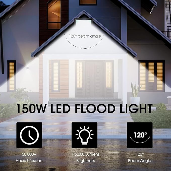 3 Pack 150W LED Flood Light OutdoorSuper Bright Security Light15500LM IP66 Waterproof Floodlight5000K Daylight LED Exterior for Basketball Court Stadium Playground