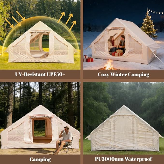 Easy Setup Inflatable Camping Tent Waterproof 4 Season Air Tent with Hand Pump Oxford Glamping Tent for 4/6/8 Adults