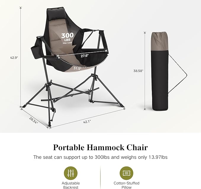 HIGH POINT SPORTS Hammock Camping Chair Adjustable Back Swinging Chair Folding Outdoor Rocking Chair Heavy Duty Portable Camp Chair with Cup Holder and High Back for Adults Black