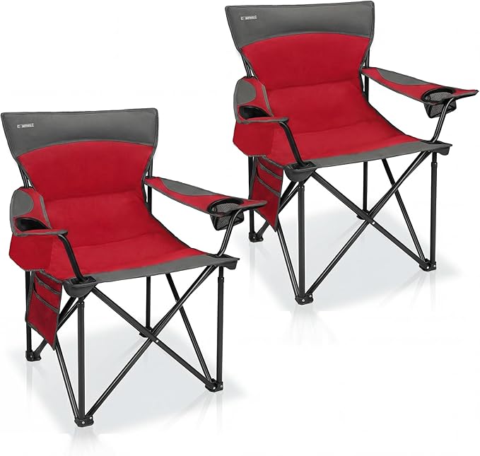 Oversized Camping Chair for Adults - 2 Pack Padded Lawn Chairs with Cup Holder &amp Side PocketHeavy Duty Folding Outdoor Chairs for CampSportsPicnicBeachRed