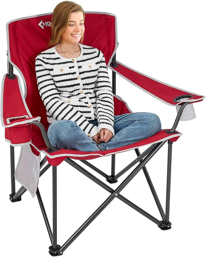 KingCamp Portable Folding Camping Quad Chair Oversized Fully Cushioned Seat with Side Pocket and Cup Holder for Tailgates Beach Lawn