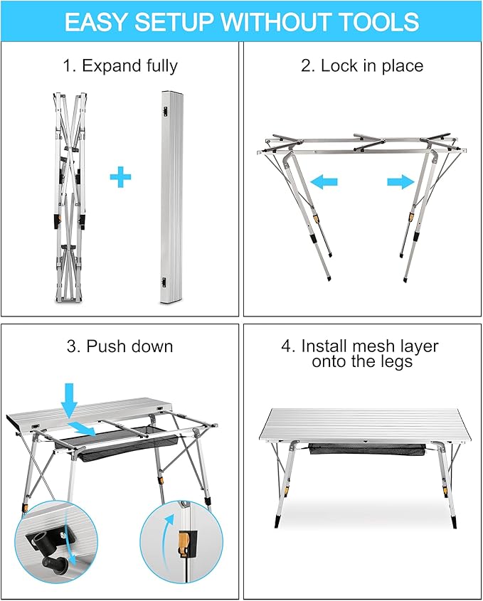 FiveJoy Folding Camping Table Outdoor Portable Picnic Camp Table with Aluminum Legs Adjustable Height Roll Up Table with Mesh Layer for Picnic Beach Grill Backyard Kitchen