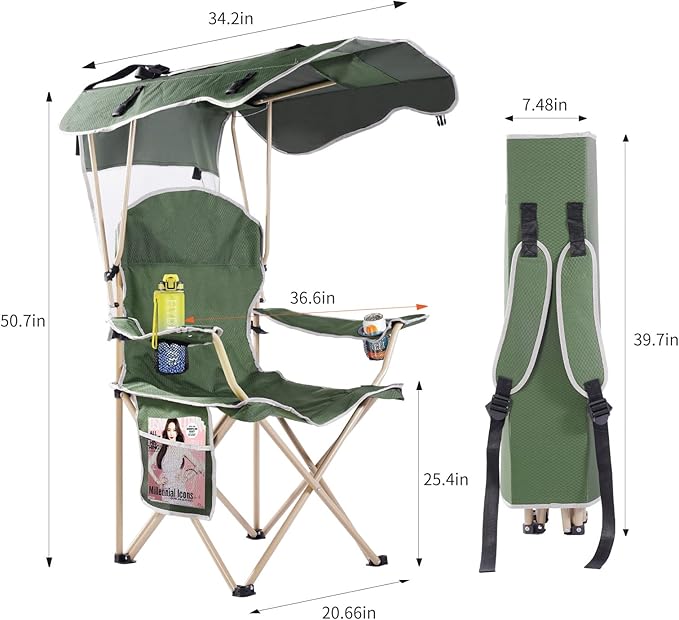 Portable Camping Chair with Canopy - Folding Chair with Canopy Durable 600D Oxford Canopy Chair for Camping Beach Picnics Fishing &amp Sports