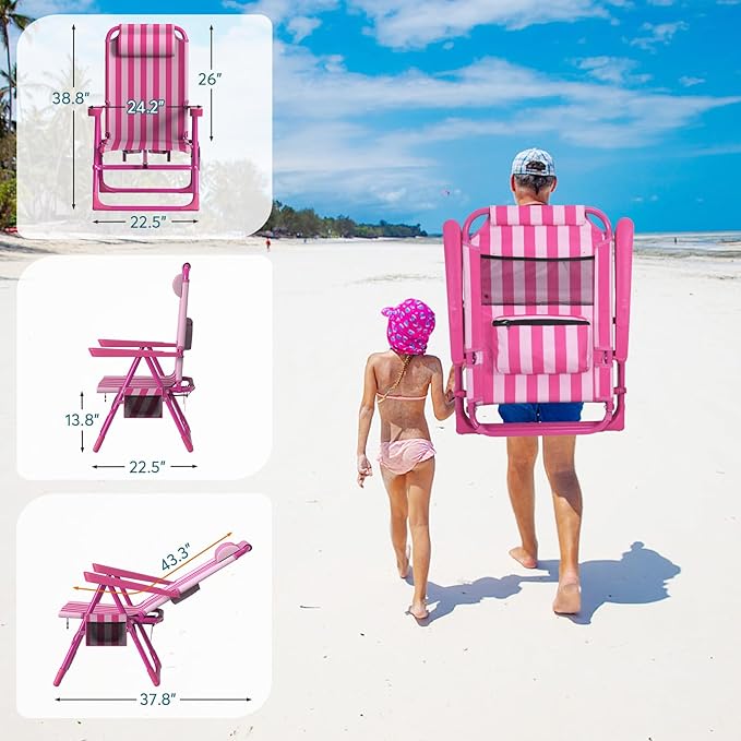 Slendor Backpack Beach Chair 6-Positions Beach Chairs for Adults with Cooler Bag Reclining Beach Chair with Cup Holder Folding Camping Chair for Outside